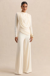Raniella | White High-Neck Top With Gathered And Draped-Detailing