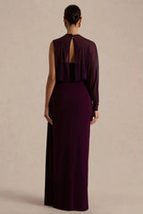 Aurelia | Dark Plum High-Neck Wrapped Maxi Dress With One-Cape Sleeve