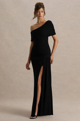 Dynasty | Black Asymmetric-Neck Maxi Dress With Ruched Detailing And Front High-Split