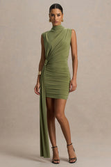 Sorenna | Olive High-Neck Mini-Dress With Wrap And Sash Detail