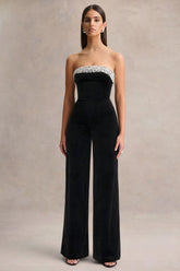 Emelie | Black Velvet Hand-Embellished Bandeau Jumpsuit