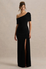 Dynasty | Black Asymmetric-Neck Maxi Dress With Ruched Detailing And Front High-Split