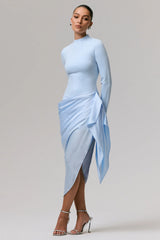 Raffie | Powder Blue Long-Sleeve Midi Dress With Satin Wrap Skirt