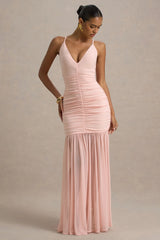 Pasqualina | Pink Ruched Plunge-Neck Maxi Dress