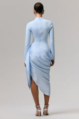 Raffie | Powder Blue Long-Sleeve Midi Dress With Satin Wrap Skirt