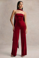 Arcane | Burgundy Velvet Bandeau Jumpsuit With Scarf