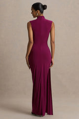 Solene | Burgundy High-Neck Maxi Dress With Wrap And Drape Detail