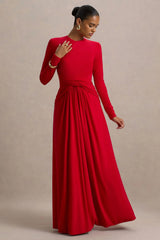 Estrella | Red High-Neck Maxi Dress With Ruched Detailing