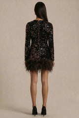 Stardust | Brown Sequined Velvet Crew-Neck Mini Dress With Feather Trim
