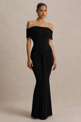 Envisioned | Black Bardot-Neck Maxi Dress With Gathered And Drape Detail