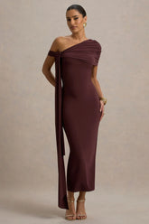 Praia | Chocolate Brown Asymmetric-Neck Midi Dress With Sash and Draped Detailing