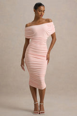 Rayleigh | Pink Bardot Ruched Midi Dress