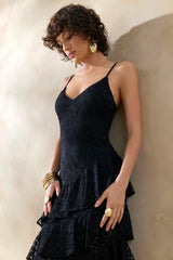 Avelisse | Black Lace Plunge-Neck Maxi Dress With Ruffled Detailing