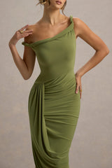 Angelique | Olive Green Twisted Asymmetric Maxi Dress