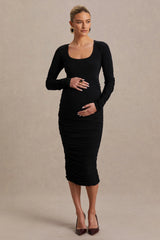 Saffron | Black Scoop-Neck Maternity Midi Dress