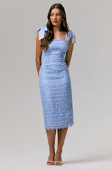Precious Treasure | Powder Blue Square-Neck Midi Dress With Tie Details