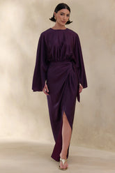 Delphina | Plum Satin Maxi Dress With Gathered And Knot-Detail
