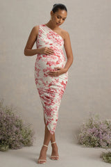 Late Night | Pink Floral Print Maternity Ruched One Shoulder Midi Dress