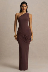 Elisa | Brown Asymmetric-Neck Maxi Dress With Open-Back And Ruched Detailing