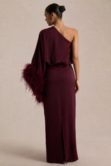 Felicity | Burgundy Satin Asymmetric-Neck Maxi Dress With Feather Detailing