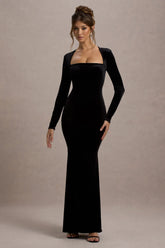 Morana | Black Velvet Square-Neck Long-Sleeve Maxi Dress