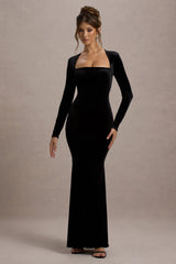 Morana | Black Velvet Square-Neck Long-Sleeve Maxi Dress