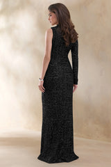 Mery | Black Sequin High-Neck Wrap Maxi Dress With One-Long Sleeve