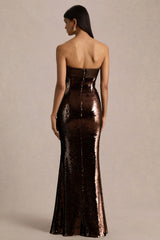 Leona | Brown Sequin Bandeau Maxi Dress With Satin Trim