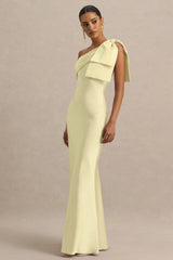 Valerie | Lemon Satin Asymmetric-Neck Maxi Dress With Bow Detail