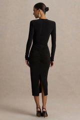 Ivara | Black Plunge-Neck Midi Dress With Ruched Detailing And Sash