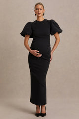 Luna | Black Crew-Neck Maternity Midi Dress With Puff-Sleeves