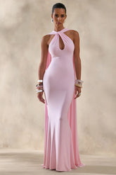 Rhoda | Light Pink Twist Halter-Neck Cape Maxi Dress