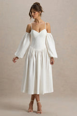 Macie | Cream Sweetheart Midi Dress With Balloon Sleeves