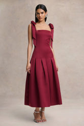 Alberta | Burgundy Satin Square-Neck Midi Dress With Bow Straps