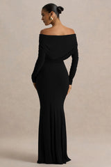 Cilla | Black Bardot-Neck Maxi Dress With Ruched Detailing