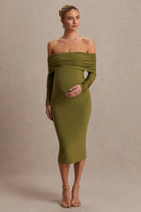 Elspeth | Olive Bardot-Neck Maternity Midi Dress