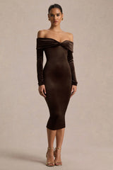 Compliment | Brown Velvet Bardot Midi Dress