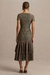 Sabrina | Dark Green And Rust Embroidered Plunge-Neck Midi Dress