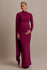 Lavinia | Berry High-Neck Maternity Maxi Dress With Cape-Sleeve