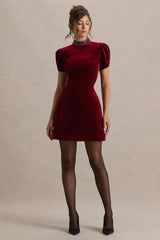 Margot | Burgundy High-Neck Velvet Mini Dress With Embellished Detail