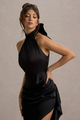 Maureen | Black Satin High-Neck Draped Maxi Dress