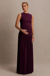 Outline | Plum Crew-Neck Maternity Maxi Dress With Pleated Skirt