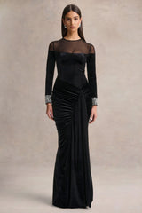 Perrin | Black Velvet Crew-Neck Maxi Dress With Embellished Cuffs