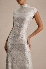 Cecy | Silver Sequin High-Neck Maxi Dress With Cap Sleeves