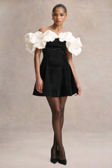 Brynne | Black & Cream Velvet Mini Dress With Satin Puff Sleeves