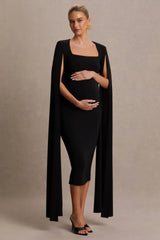 Flawless | Black Square-Neck Maternity Midi Dress With Cape-Sleeves