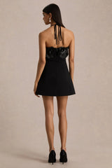 Tempest | Black Halter-Neck Mini Dress With Hand-Embellished Panel