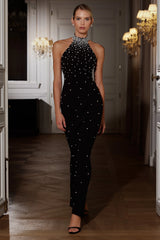 Dani | Black Hand-Embellished Halter-Neck Maxi Dress