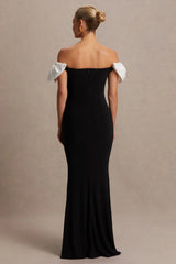 Didi | Black & White Bardot Bow Detail Maternity Maxi Dress