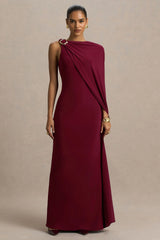Cressida | Burgundy Asymmetric-Neck Maxi Dress With Cape And Gold Detail